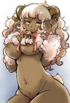  anthro bell blush breasts brown_fur caprine curly_hair female fluffy fur hair horizontal_pupils horn long_hair looking_at_viewer mammal multicolored_fur navel nipples nude setouchi_kurage sheep sitting smile solo two_tone_fur white_fur white_hair yellow_eyes 