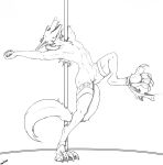  black_and_white claws clothed clothing dancing digitigrade female flat_chested hindpaw legwear licking licking_lips looking_at_viewer monochrome mostly_nude panties panties_around_one_leg pawpads paws pole pole_dancing pussy sergal solo stockings toe_claws tongue tongue_out topless underwear underwear_around_one_leg zafara_(artist) 