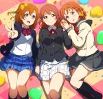  :d ahoge bangs black_legwear black_skirt blazer blue_eyes blue_skirt blush bow bowtie braid checkered checkered_floor confetti girl_sandwich grey_sailor_collar hair_bow hair_ornament hairpin highres holding_hands icehotmilktea jacket kneehighs kousaka_honoka long_sleeves love_live! love_live!_school_idol_festival love_live!_school_idol_festival_all_stars love_live!_school_idol_project love_live!_sunshine!! lying medium_hair multiple_girls neck_ribbon nijigasaki_academy_uniform no_shoes on_back on_side one_side_up open_mouth orange_hair otonokizaka_school_uniform perfect_dream_project plaid plaid_skirt pleated_skirt red_eyes red_neckwear ribbon sailor_collar sandwiched school_uniform serafuku side_braid side_bun skirt smile striped striped_neckwear takami_chika uehara_ayumu uranohoshi_school_uniform v white_skirt yellow_bow yellow_eyes 