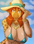  2018 amber_eyes anthro big_breasts bikini bracelet breasts brown_fur clothing conditional_dnp digital_media_(artwork) ear_piercing eyelashes female fur giraffe giraffid hair hat holding_hat huge_breasts jewelry kadath long_hair looking_at_viewer mammal micro_bikini multicolored_fur nipple_bulge piercing puzzle_(kadath) simple_background smile solo spots spotted_fur string_bikini sun_hat swimsuit yellow_fur 