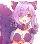  animal_ears blush dangerous_beast elbow_gloves eyes_visible_through_hair fate/grand_order fate_(series) fur_trim gloves hair_over_one_eye halloween_costume highres mash_kyrielight ouhara_lolong paw_pose purple_eyes purple_gloves purple_hair short_hair smile solo white_background 