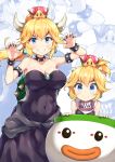 bangs bare_shoulders bib black_dress black_nails blonde_hair blush bowsette bowsette_jr. bracelet breasts brooch claw_pose cleavage collar collarbone commentary covered_navel crown dress earrings eyebrows_visible_through_hair fang_out fingernails forked_eyebrows grin hair_between_eyes hands_up highres horns jewelry koopa_clown_car large_breasts long_hair looking_at_viewer mario_(series) medium_breasts miyabi_(miyabeeya) mother_and_daughter multiple_girls nail_polish new_super_mario_bros._u_deluxe ponytail sharp_fingernails sharp_teeth smile spiked_armlet spiked_bracelet spiked_collar spiked_shell spikes strapless strapless_dress teeth thick_eyebrows turtle_shell v-shaped_eyebrows zoom_layer 