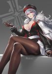  artist_name azur_lane bangs breasts buttons commentary_request crossed_legs cuboon eyebrows_visible_through_hair fur_trim gloves graf_zeppelin_(azur_lane) hat iron_cross large_breasts lips long_hair long_sleeves looking_at_viewer miniskirt pantyhose peaked_cap pleated_skirt red_eyes shiny shiny_clothes shiny_hair shiny_skin signature silver_hair simple_background sitting skirt solo thighs uniform 