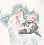  :d ^_^ aqua_eyes bang_dream! black_suit blush bow carrying clenched_hand closed_eyes dress formal gloves hair_bow hand_on_own_chest hikawa_hina hikawa_sayo incest itomugi-kun long_hair multiple_girls open_mouth princess_carry round_teeth short_hair siblings side_braids sisters smile suit teeth twincest twins upper_teeth wedding wedding_dress white_dress white_gloves white_neckwear wife_and_wife yuri 