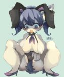  1girl animal_ears blue_eyes blue_hair breasts bunny_ears dog fake_animal_ears furry high_heels inumimi-syndrome nipples open_mouth short_hair solo stocking 