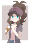  alternate_costume aqua_eyes baseball_cap border brown_hair chocomiru commentary creatures_(company) english_commentary eyebrows_visible_through_hair food_request game_freak hat high_ponytail holding long_hair looking_at_viewer nintendo outside_border poke_ball_print pokemon pokemon_(game) pokemon_bw print_hat raised_eyebrows short_sleeves sidelocks sketch_eyebrows solo touko_(pokemon) white_border 