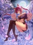  :d animal_ears ass black_footwear black_panties boots breasts brown_eyes cerberus_(shingeki_no_bahamut) cherry_blossoms choker cleavage eyebrows_visible_through_hair floating_hair fox_ears full_moon gloves hand_puppet high_heel_boots high_heels highres large_breasts long_hair looking_at_viewer moni_chon moon navel_cutout open_mouth outdoors panties puppet red_hair shingeki_no_bahamut short_sleeves sight smile solo thigh_boots thighhighs twintails underwear very_long_hair 