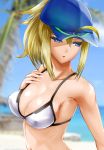 ahoge artoria_pendragon_(all) bare_shoulders beach bikini blonde_hair blue_eyes breasts cleavage covered_nipples day fate/grand_order fate_(series) hat highres mysterious_heroine_xx_(foreigner) outdoors palm_tree ponytail shima-shuu solo swimsuit tree white_bikini 