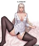  bangs black_legwear black_panties blonde_hair closed_mouth commentary_request commission dungeon_and_fighter garter_belt garter_straps green_eyes highres kimdonga long_hair looking_at_viewer nose panties shirt spread_legs thighhighs underwear 