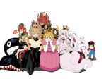  6+girls :3 armlet bad_id bad_pixiv_id black_collar black_hair blonde_hair blue_eyes boo bowser bowser_peach bowsette bracelet breasts breathing_fire brooch cappy_(mario) chain_chomp chin_rest cleavage collar commentary couch crown dress earrings facepalm fang fangs fire frilled_dress frills gloves heart heart-shaped_pupils highres horns jewelry large_breasts long_tongue mario mario_(series) multiple_girls new_super_mario_bros._u_deluxe pink_eyes pointy_ears poppyhecate princess_chain_chomp princess_king_boo princess_peach puffy_short_sleeves puffy_sleeves purple_tongue red_hair sharp_teeth short_sleeves sidelocks sitting smile spiked_armlet spiked_bracelet spiked_collar spiked_tail spikes strapless strapless_dress super_crown super_mario_odyssey sweatdrop symbol-shaped_pupils tail teeth thick_eyebrows tongue tongue_out white_dress white_gloves 