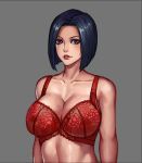  bare_shoulders black_hair bra breasts brown_eyes cleavage collarbone commentary_request jin_yi_dui lace lace_bra large_breasts looking_at_viewer midriff original parted_lips short_hair underwear 
