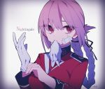  bandage_on_face braid character_name fate/grand_order fate_(series) florence_nightingale_(fate/grand_order) gloves looking_to_the_side mouth_hold ofuton_obake pink_hair red_eyes white_gloves 