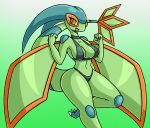 4_fingers anthro big_breasts breasts claws cleavage clothed clothing digital_media_(artwork) dragon female flygon hi_res looking_at_viewer nintendo open_mouth pok&eacute;mon pok&eacute;mon_(species) rakkuguy scalie shiny_pok&eacute;mon simple_background smile solo standing video_games wings 