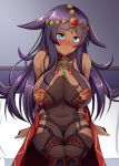  animal_ears aqua_eyes blush breasts cleavage closed_mouth commentary_request dark_skin fate/grand_order fate_(series) gem head_chain jewelry kisaragi_nana large_breasts long_hair looking_at_viewer navel purple_hair queen_of_sheba_(fate/grand_order) romani_archaman shadow sitting smile sweat very_long_hair waist_cape 