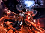  arm_blade armor bird_wings black_hair black_wings commentary destruction english_commentary fallen_angel fire genzoman long_hair lucifer male_focus mythology original pale_skin red_armor red_eyes weapon wings 