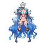  1girl blue_hair breasts full_body gradient_hair huge_breasts lilith-soft long_hair looking_at_viewer multicolored_hair navel red_eyes seigi_no_henshin-heroine_wo_sasaeru_ore_to_aku_no_onna-kanbu silver_hair smile solo standing 