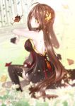  2200659903_rika ara_han back bare_shoulders blurry blurry_background braid bug butterfly elsword eyebrows_visible_through_hair floral_background insect long_hair looking_back sitting thighhighs yama_raja_(elsword) 