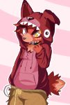  2016 ambiguous_gender animatronic anthro black_nose blush canine clothed clothing cosplay digital_media_(artwork) five_nights_at_freddy&#039;s fox foxy_(fnaf) fur hoodie kemono machine mammal open_mouth pattern_background pink_background pink_fur red_fur robot sharp_teeth simple_background solo striped_background teeth tiredanon tuft video_games yellow_eyes 