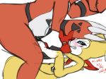  blush breasts chibi clothing colored_sketch dialogue digimon duo english_text erection female furball gloves guilmon impmon larger_male male male/female nipples pussy questionable_consent renamon renimpmon scalie size_difference slightly_chubby small_breasts text 