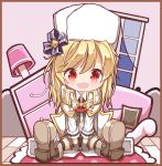  black_gloves blonde_hair blush boots brown_footwear brown_skirt chibi commentary_request eyebrows_visible_through_hair fingerless_gloves full_body girls_frontline gloves hair_between_eyes highres jacket lamp long_hair long_sleeves matsuo_(matuonoie) military military_jacket military_uniform nagant_revolver_(girls_frontline) open_mouth red_eyes shirt sitting skirt solo uniform white_shirt window winter_clothes 