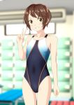  absurdres black_swimsuit blurry brown_eyes brown_hair changing_room competition_swimsuit covered_navel cowboy_shot depth_of_field flat_chest grin highres looking_at_viewer one-piece_swimsuit original short_hair smile solo swimsuit takafumi thigh_gap v 