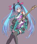  :o aqua_eyes aqua_frills aqua_hair aqua_nails aqua_neckwear bangs bare_shoulders black_footwear black_skirt black_sleeves collared_shirt commentary detached_sleeves electric_guitar fender_stratocaster grey_background grey_shirt guitar hair_ornament hair_ribbon hatsune_miku headphones headset highres instrument invisible_chair lace lace-trimmed_boots lips long_hair long_sleeves miniskirt music nail_polish necktie neon_trim parted_lips playing_instrument pleated_skirt plectrum product_placement ribbon shirt simple_background sitting skirt solo thighhighs twintails very_long_hair vocaloid wide_sleeves yamashita_shun'ya 