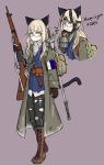  alternate_costume animal_ears blonde_hair boots cat_ears cat_tail cross-laced_footwear eyebrows_visible_through_hair french_flag gas_mask glasses gun highres lace-up_boots long_hair looking_at_viewer mas-36 multiple_views pantyhose perrine_h_clostermann purple_background rapier rifle sergius_c._yoh strike_witches sword tail torn_clothes torn_legwear weapon world_witches_series yellow_eyes 