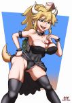  1girl armpits bare_shoulders blonde_hair bowsette bracelet breasts broken_torpedo cleavage collar collarbone covered_navel earrings erect_nipples eyebrows_visible_through_hair jewelry large_breasts leotard looking_at_viewer mario_(series) mushroom new_super_mario_bros._u_deluxe nintendo open_mouth outstretched_arms pointy_ears ponytail saliva sharp_teeth simple_background skin_tight solo spiked_armlet spiked_bracelet spiked_collar spiked_shell spikes spread_arms strapless tail teeth thighhighs tongue tongue_out 