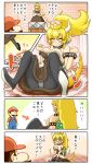  1girl black_dress blonde_hair blue_eyes blue_overalls blush bowsette bracelet brown_hair collar commentary_request covering covering_breasts crown dress earrings facial_hair fallen_down fang gloves high_heels highres jewelry jumping manaa_(kasetsu_sakurasaku) mario mario_(series) mustache new_super_mario_bros._u_deluxe panties panties_under_pantyhose pantyhose pantyshot pointing_finger pointy_ears ponytail red_hair red_shirt sharp_teeth shirt short_hair spiked_armlet spiked_bracelet spiked_collar spiked_shell spiked_tail spikes super_crown super_mario_bros._3 tail teeth translated underwear white_gloves 