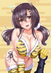  1girl alternate_costume animal_print azur_lane beans bending_forward black_hair black_panties blush breast_press breasts brown_eyes cleavage club commentary_request hair_between_eyes hair_ornament hairclip horn horns ken_ill large_breasts looking_at_viewer midriff nagara_(azur_lane) nose_blush oni oni_horns open_mouth panties parted_lips setsubun shiny shiny_skin side-tie_panties sidelocks thighhighs thighs throwing tiger_print twintails underwear weapon 