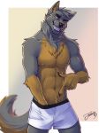  2018 5_fingers anthro black_nose brown_fur canine chest_tuft claws clothing crotch_grab digital_media_(artwork) dog eyebrows feralise fur german_shepherd grin grope hand_in_underwear looking_at_viewer male mammal multicolored_fur nipples pinup pointing_down pose signature smile solo standing teeth tuft two_tone_fur underwear 