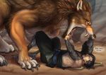  amputee armor attacked canine drooling hair hanzo_(overwatch) human long_hair male mammal mccree_(overwatch) outside overwatch saliva scared size_difference spartadog tattoo teeth video_games were werewolf 