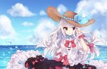  azur_lane bangs black_skirt blush bow chinese_commentary cloud commentary_request cowboy_shot day erebus_(azur_lane) hat hat_ribbon highres horizon light_smile long_hair looking_at_viewer puffy_short_sleeves puffy_sleeves red_eyes ribbon rl_ka_qui shirt short_sleeves skirt smile solo sun_hat very_long_hair water white_hair white_shirt 