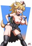 1girl armpits bare_shoulders blonde_hair bowsette bracelet breasts breasts_outside broken_torpedo cleavage collar collarbone covered_navel earrings erect_nipples eyebrows_visible_through_hair heart heart-shaped_pupils jewelry large_breasts leotard looking_at_viewer mario_(series) mushroom new_super_mario_bros._u_deluxe nintendo open_mouth outstretched_arms pointy_ears ponytail saliva sharp_teeth simple_background skin_tight solo spiked_armlet spiked_bracelet spiked_collar spiked_shell spikes spread_arms strapless symbol-shaped_pupils tail teeth thighhighs tongue tongue_out 
