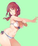  :o armpits bangs bikini blue_ribbon blush breasts cleavage cowboy_shot eyebrows_visible_through_hair fangdan_runiu from_side front-tie_bikini front-tie_top green_background groin hair_tie hands_up harukana_receive leaning_forward long_hair looking_at_viewer looking_to_the_side low_twintails medium_breasts navel oozora_haruka_(harukana_receive) open_mouth orange_eyes outstretched_arm parted_bangs red_hair ribbon side-tie_bikini simple_background sketch skindentation solo stomach stretch swimsuit thighs twintails v-shaped_eyebrows white_bikini 