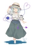  :d alternate_headwear aqua_eyes arm_up bangs black_bow black_choker bow brown_hat choker collarbone commentary_request eyebrows_visible_through_hair floral_print flower_bracelet full_body green_pants hair_between_eyes hat hat_bow head_tilt heart heart_of_string highres komeiji_koishi looking_at_viewer open_mouth pants shadow shirt shoes short_hair signature silver_hair simple_background smile solo standing third_eye touhou toutenkou white_background white_footwear white_shirt 