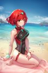  absurdres bangs beach black_swimsuit blush breasts competition_swimsuit day earrings highres homura_(xenoblade_2) jewelry kiiro_kimi looking_at_viewer one-piece_swimsuit red_hair short_hair solo swept_bangs swimsuit tiara xenoblade_(series) xenoblade_2 