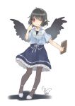  ;) alternate_costume bangs black_choker black_hair black_wings blue_shirt blue_skirt blush book camisole casual choker commentary_request contemporary eyebrows_visible_through_hair feathered_wings full_body grey_legwear hand_up highres holding holding_book holding_pen looking_at_viewer no_hat no_headwear one_eye_closed pantyhose pen petticoat puffy_short_sleeves puffy_sleeves red_eyes ribbon shadow shameimaru_aya shirt shoes short_sleeves signature simple_background skirt smile solo standing striped touhou toutenkou vertical_stripes white_background white_footwear white_ribbon wings 