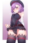  arched_back bare_shoulders belt black_hat blush breasts commentary_request covered_navel covered_nipples detached_collar detached_sleeves dress fate/grand_order fate_(series) frilled_skirt frills from_below gradient gradient_background hat heavy_breathing helena_blavatsky_(fate/grand_order) lavender_hair layered_skirt lifted_by_self looking_at_viewer open_mouth outside_border panties pring654 purple_eyes purple_hair short_hair skindentation skirt skirt_lift small_breasts strapless strapless_dress sweatdrop symbol_commentary thighhighs thighs underwear white_sleeves 