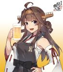  ahoge alcohol apron beer beer_mug brown_hair commentary_request detached_sleeves double_bun hairband headgear japanese_clothes kantai_collection kongou_(kantai_collection) konishi_(koconatu) long_hair looking_at_viewer nontraditional_miko official_art purple_eyes remodel_(kantai_collection) ribbon-trimmed_sleeves ribbon_trim 