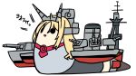  black_eyes blew_andwhite blonde_hair commentary full_body grey_jacket headgear highres jacket kantai_collection long_hair looking_at_viewer mutsu_(kantai_collection) mutsu_(snail) nelson_(kantai_collection) nelson_(snail) open_mouth rigging simple_background smile smokestack snail solid_oval_eyes translated turret white_background 