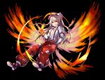  absurdres amamitsu_kousuke baggy_pants bangs black_background boots bow brown_footwear commentary_request eyebrows_visible_through_hair fiery_wings fujiwara_no_mokou full_body grin hair_between_eyes hair_bow hand_in_pocket hand_up highres juliet_sleeves long_hair long_sleeves looking_at_viewer ofuda pants puffy_sleeves red_eyes red_pants shirt silver_hair simple_background smile solo suspenders touhou very_long_hair white_bow white_shirt wing_collar wings 