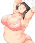  1girl armpits arms_up belly black_eyes black_hair blush bra breasts cleavage fat huge_breasts obese one_eye_closed panties shimejix shirt shirt_lift solo sweat underwear wink 