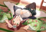  blush breasts brown_hair gochuumon_wa_usagi_desu_ka? green_eyes japanese_clothes kimono long_hair no_bra open_shirt petals seifuku skirt thighhighs ujimatsu_chiya zenon_(for_achieve) 