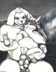  2018 anal animal_genitalia anthro arkomeda balls blush breasts butt canine caprine classical cloud detailed_background dog duo erection female fur gouache hair hi_res horn ink male male/female mammal monochrome nipples nude open_mouth penis sex sky smile tongue traditional_media_(artwork) tree wolf zot 