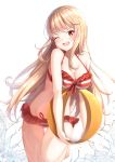  ;d ball bangs bare_arms bare_shoulders barefoot beachball bikini blonde_hair blush breasts cleavage collarbone commentary_request doma_umaru eyebrows_visible_through_hair groin halterneck head_tilt highres himouto!_umaru-chan holding holding_ball large_breasts leg_up long_hair looking_at_viewer one_eye_closed open_mouth orange_eyes red_bikini shiero. shiny shiny_skin simple_background smile solo standing standing_on_one_leg striped striped_bikini swimsuit thighs very_long_hair water wet white_background white_bikini 