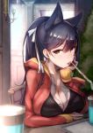  alternate_costume animal_ears atago_(azur_lane) azur_lane bangs black_hair black_vest blush breast_rest breasts brown_eyes casual chair cleavage collarbone commentary_request cup day drinking drinking_straw earrings elbow_rest extra_ears eyebrows_visible_through_hair hair_ribbon head_on_hand highres hood hoodie indoors jewelry large_breasts long_hair looking_at_viewer mappaninatta md5_mismatch mole mole_under_eye open_clothes open_hoodie partially_unbuttoned ribbon shirt signature sitting solo swept_bangs tray tsurime vest white_ribbon white_shirt window 