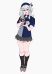  :d aqua_eyes bangs beret black_hat black_legwear blue_hat collared_shirt crossover employee_uniform food food_request full_body grey_background grey_footwear grey_skirt hat holding kantai_collection kashima_(kantai_collection) kneehighs lawson legs long_hair looking_at_viewer miniskirt name_tag ojipon open_mouth pinstripe_pattern pinstripe_shirt platform_footwear pleated_skirt rilakkuma san-x shirt short_sleeves showing sidelocks silver_hair simple_background single_horizontal_stripe skirt smile solo standing striped thigh_gap twintails uniform wavy_hair wing_collar 