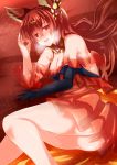  animal_ears anthuria ass ayasato_karen bare_shoulders black_gloves breasts cleavage commentary_request dress elbow_gloves erune gloves granblue_fantasy hair_ornament highres long_hair looking_at_viewer lying medium_breasts on_side red_dress red_eyes red_hair single_elbow_glove solo 