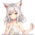  animal_ears blush breasts closed_mouth commentary_request eyebrows_visible_through_hair kanpani_girls medium_breasts medium_hair momoko_(momopoco) naked_towel nomada_nihil sidelocks silver_hair simple_background slit_pupils smile solo towel upper_body white_background yellow_eyes 